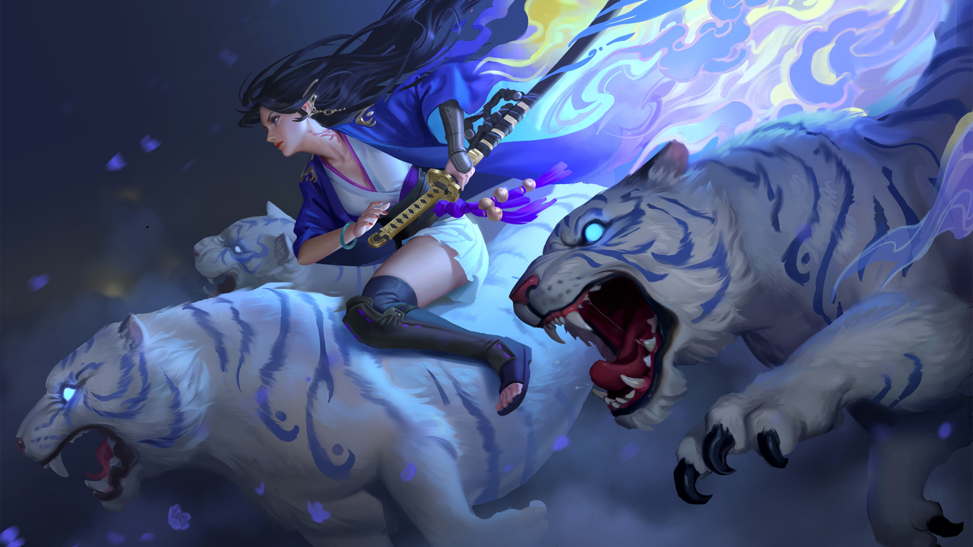 美女 武士刀 老虎 唯美好看动漫高清壁纸