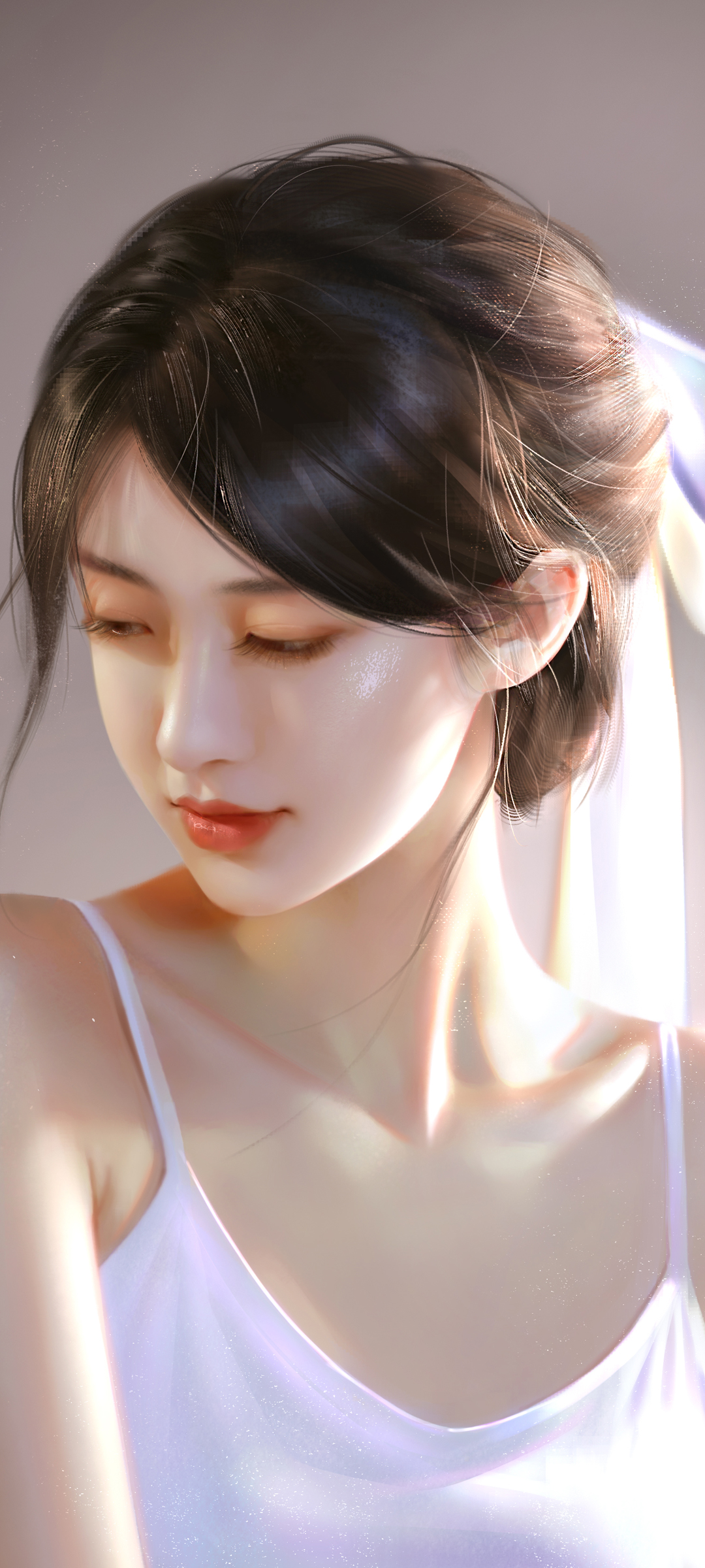 好看居家美女 白色睡衣 动漫插画 侧脸美女高清手机壁纸