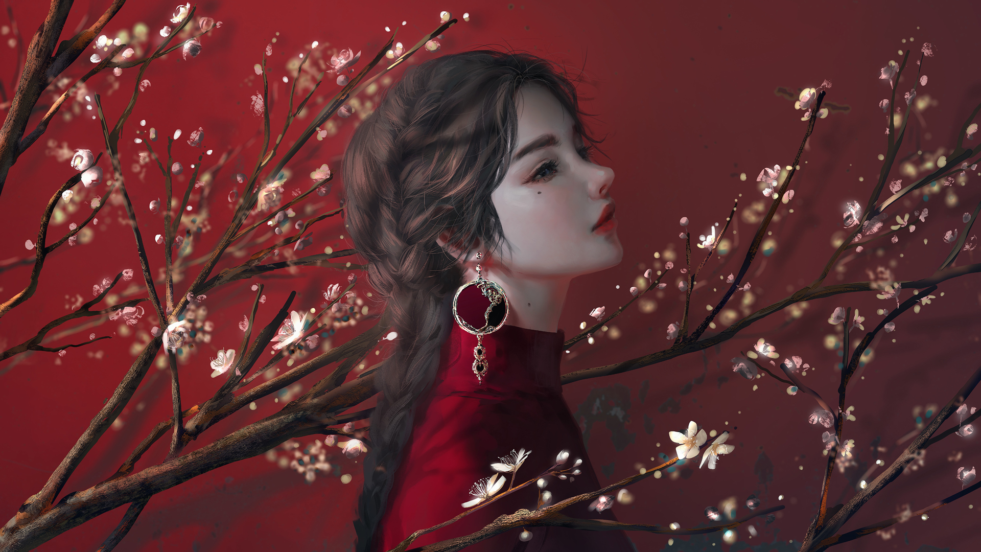 唯美 梅花 长辫子女孩 耳环 精选 动漫人物美女 高清壁纸