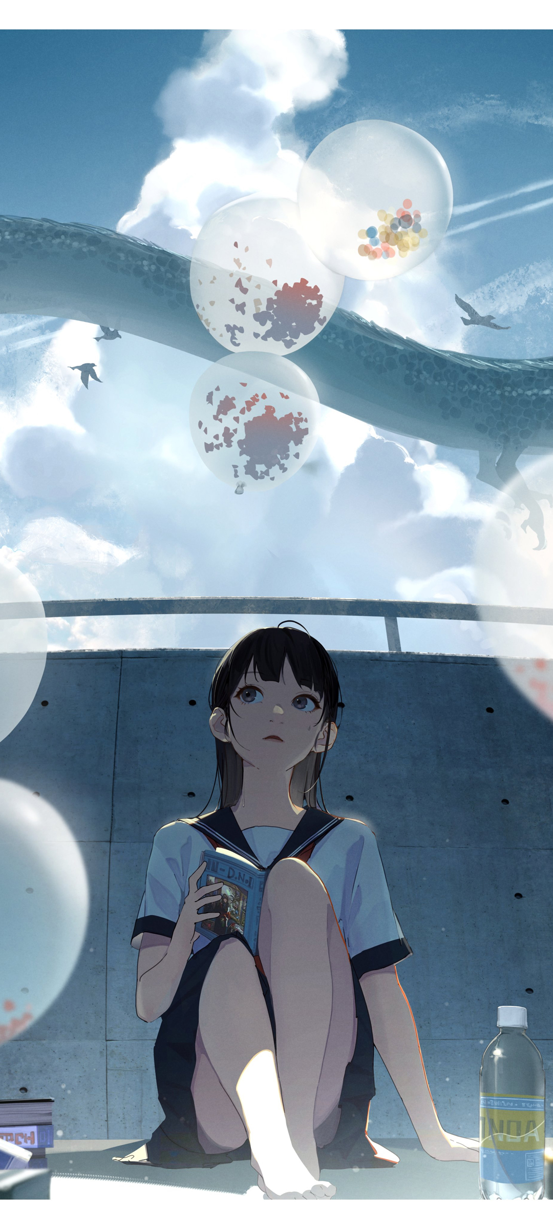 天空 气球 坐在地板的女生 水手服动漫高清手机壁纸