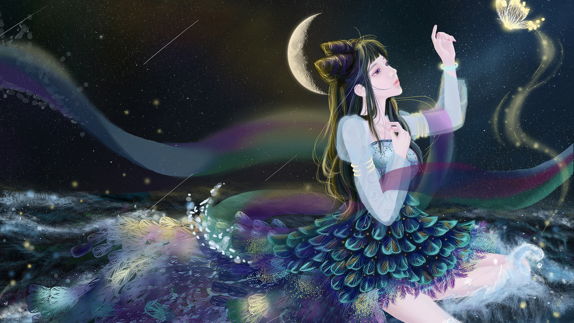 巴图BATU原创  古风女孩 丝绸 夜晚海 月亮 蝴蝶唯美精选动漫高清壁纸