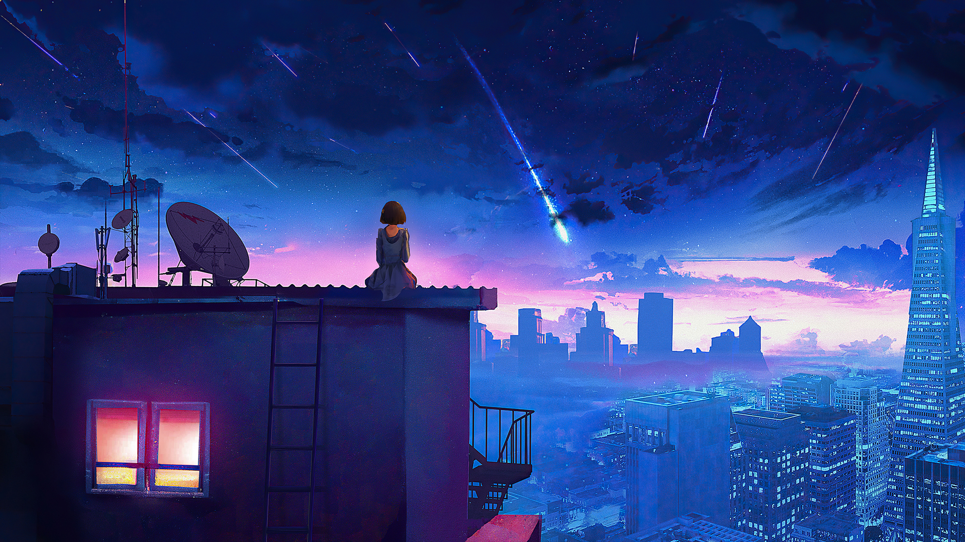 夜晚 星空 流星 坐在屋顶的女孩 唯美 动漫高清壁纸