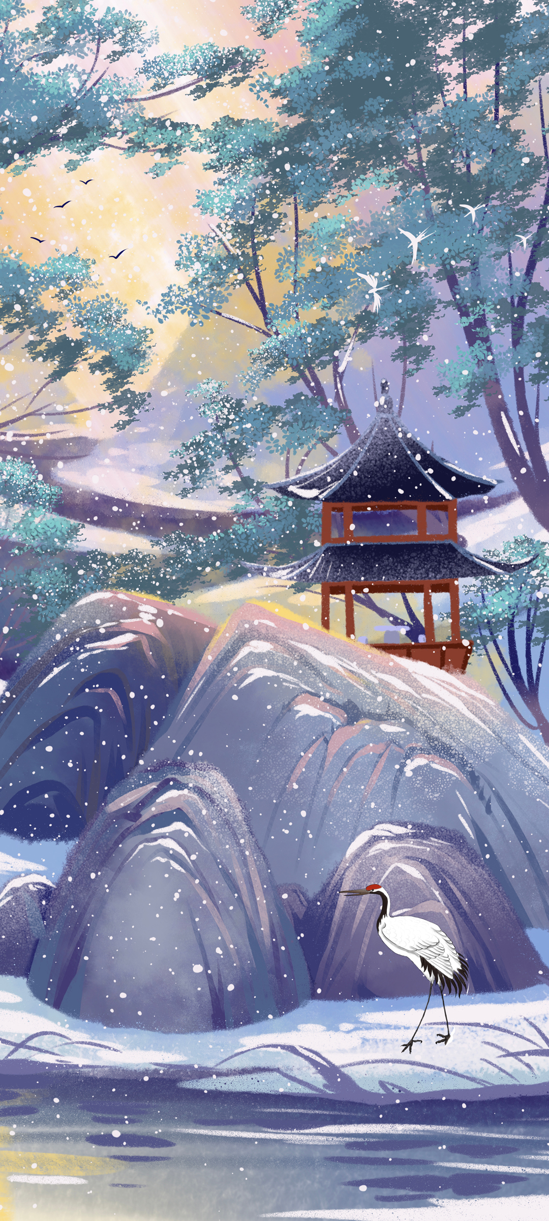国风 亭子 山 石头 鸟 树 风景 高清手机 壁纸