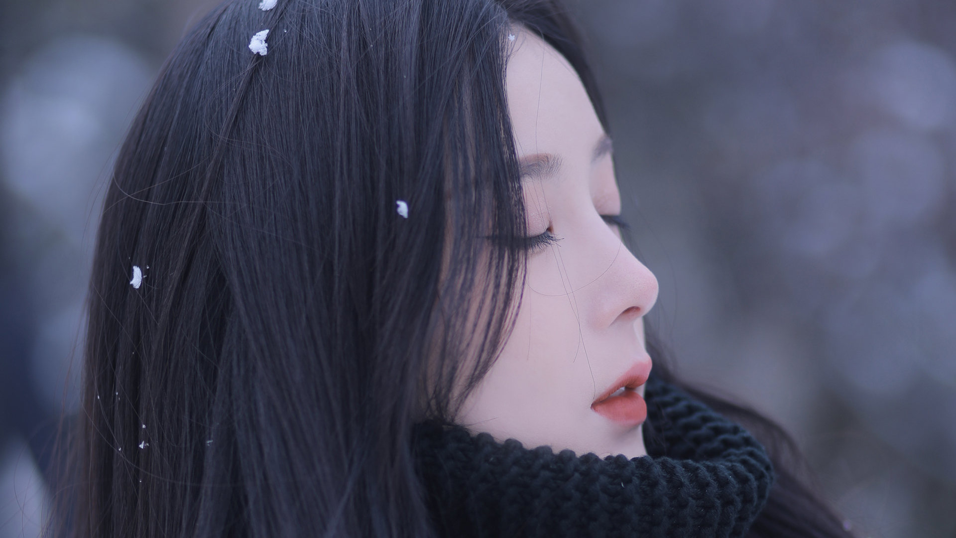 雪 冬天 美女围巾 闭眼美女唯美高清壁纸