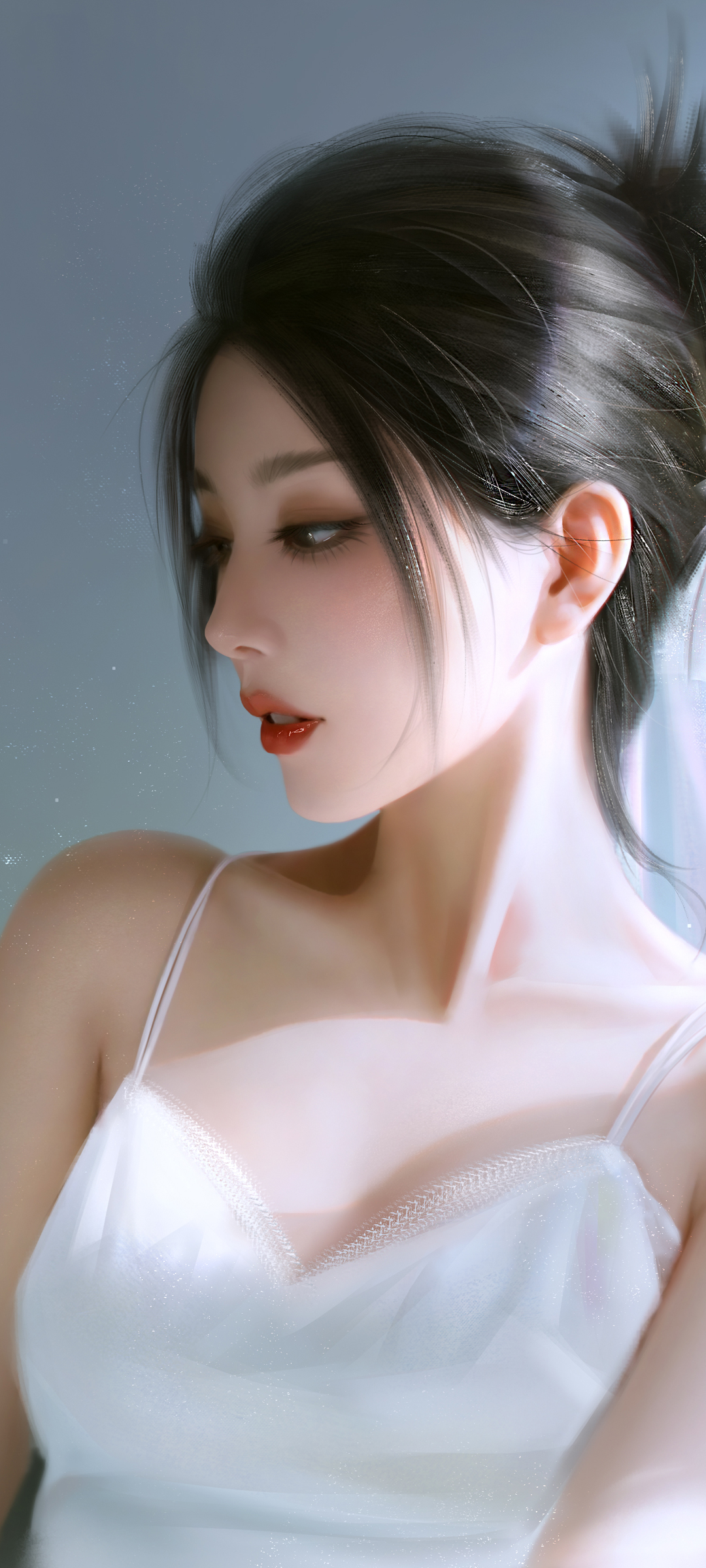 白色 吊带 侧脸 气质 干净美女 高清手机 壁纸