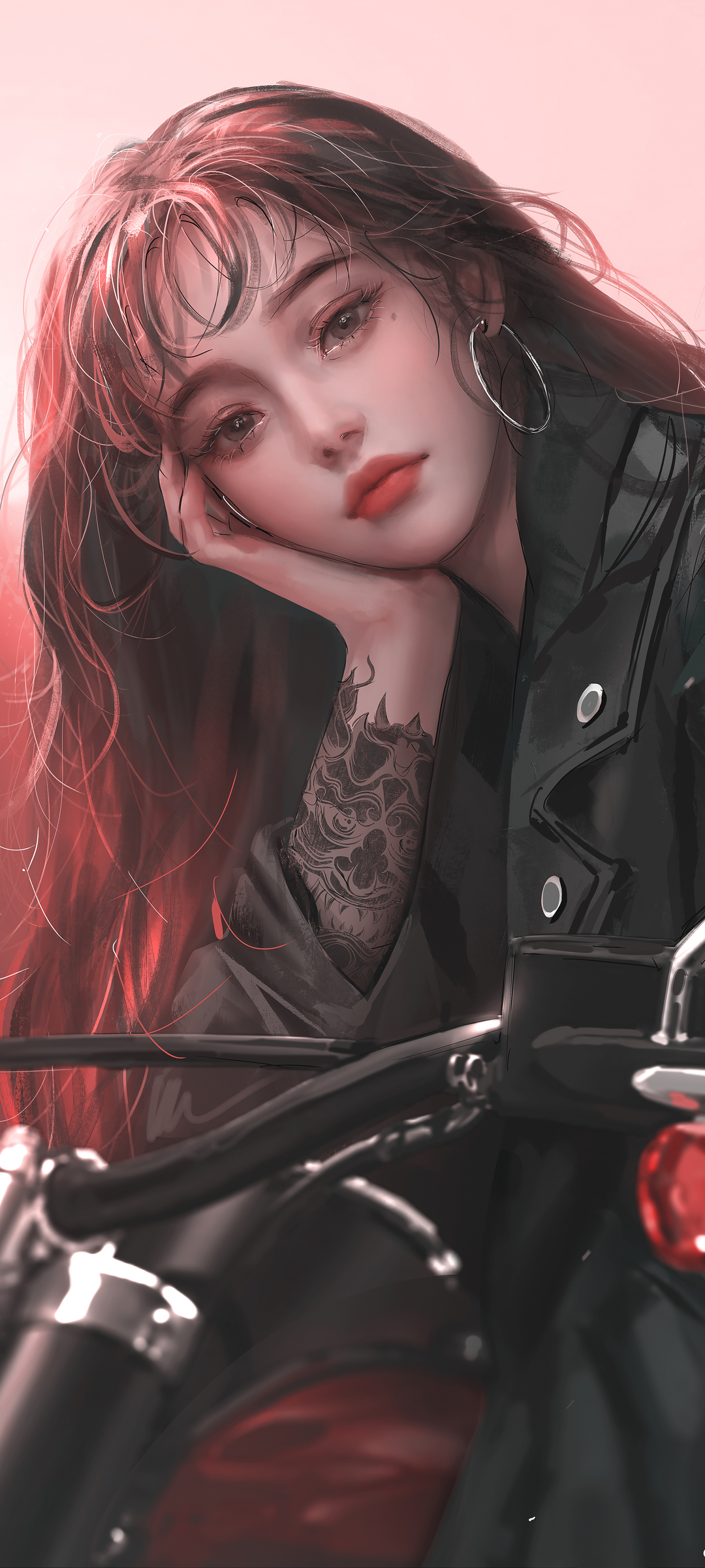 长发美女 黑色皮衣 摩托车 精选动漫高清手机壁纸
