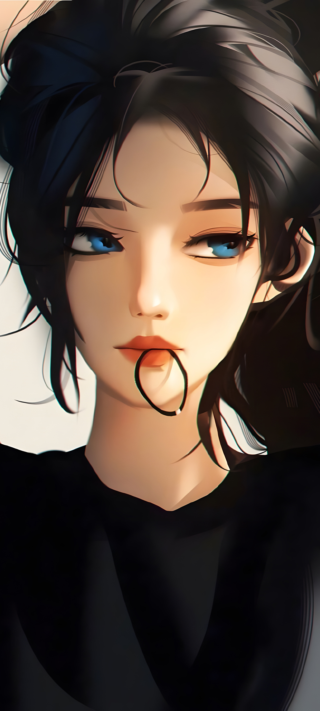 绑头发个性女孩 嘴唇咬着皮筋高清手机壁纸图片