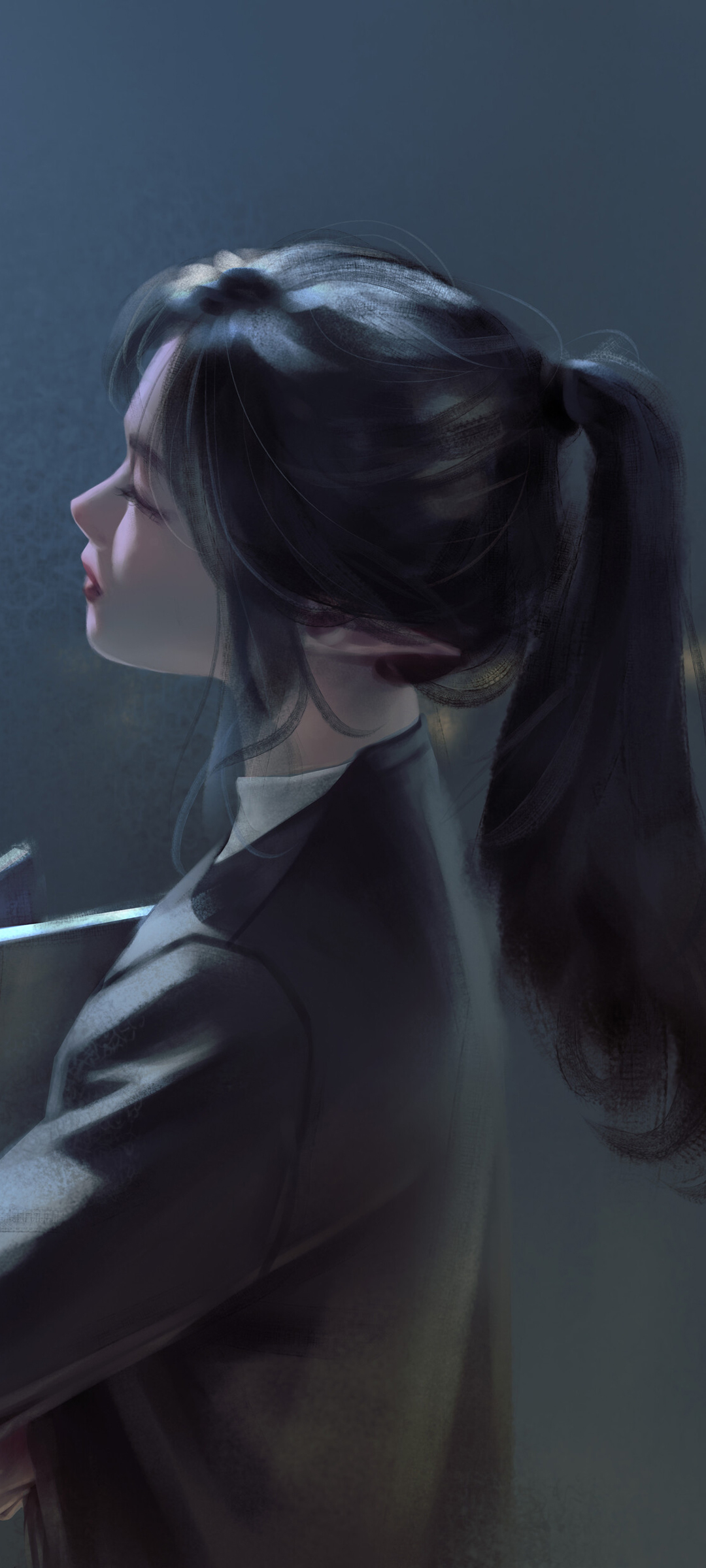 马尾辫女子闭眼侧脸 厚涂动漫高清手机壁纸