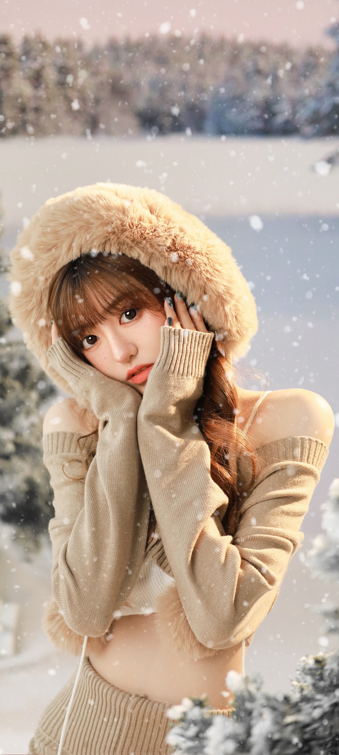 可爱圣诞美女小鹿 雪花 树 高清手机壁纸图片