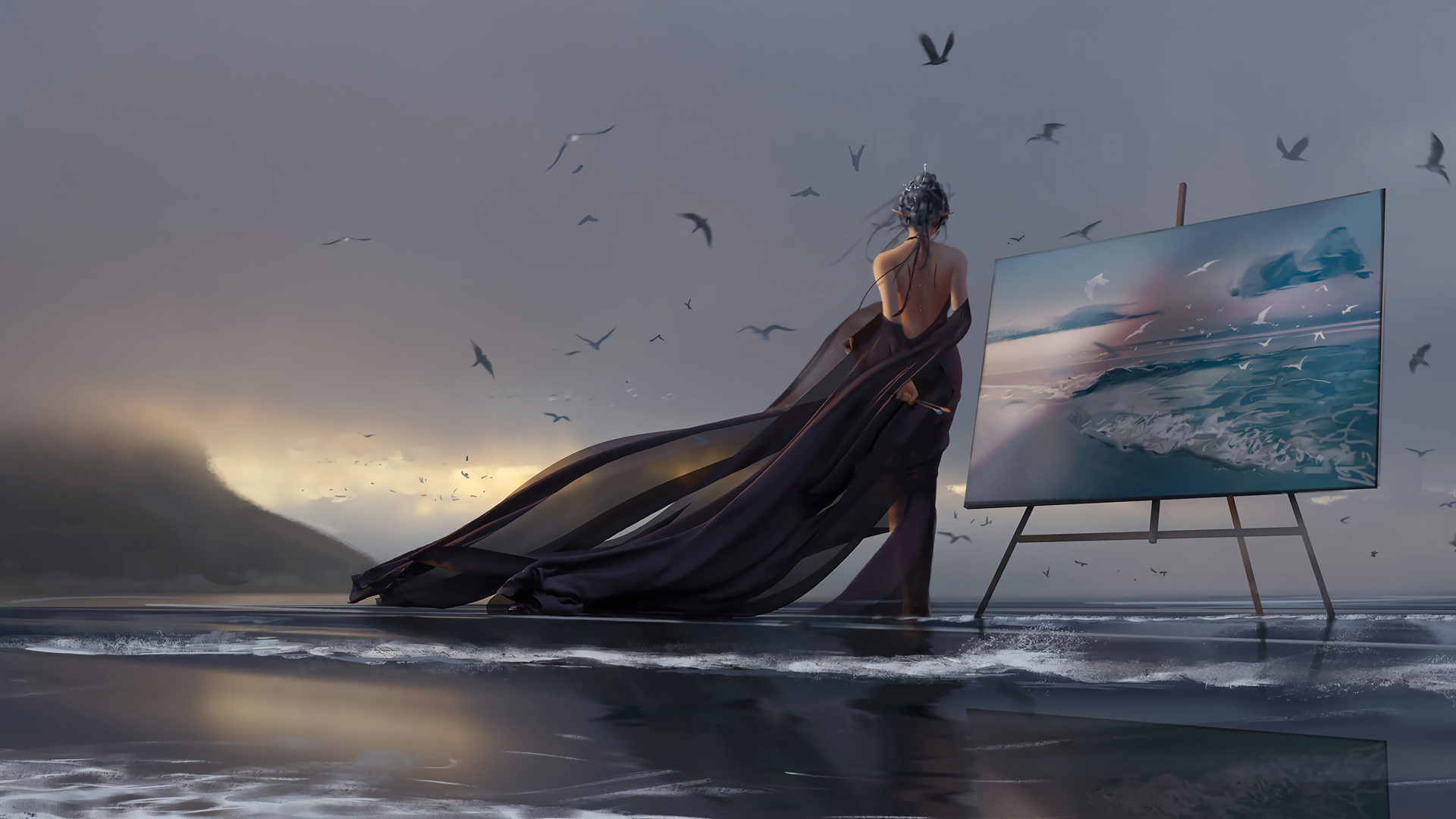 海边 女孩 少女 美背 黑色长裙子 画板 海鸥 唯美好看动漫高清壁纸