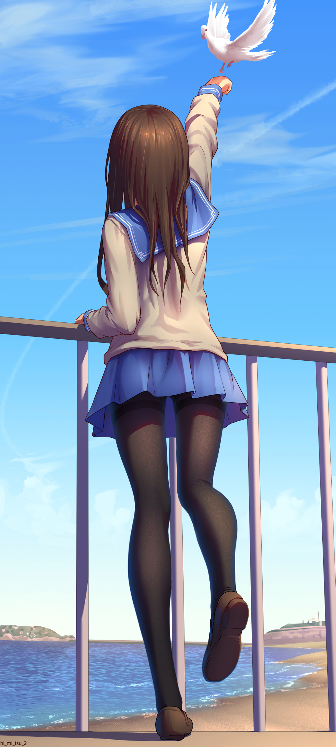 动漫女孩背影 海边 栏杆 鸟 高清手机壁纸