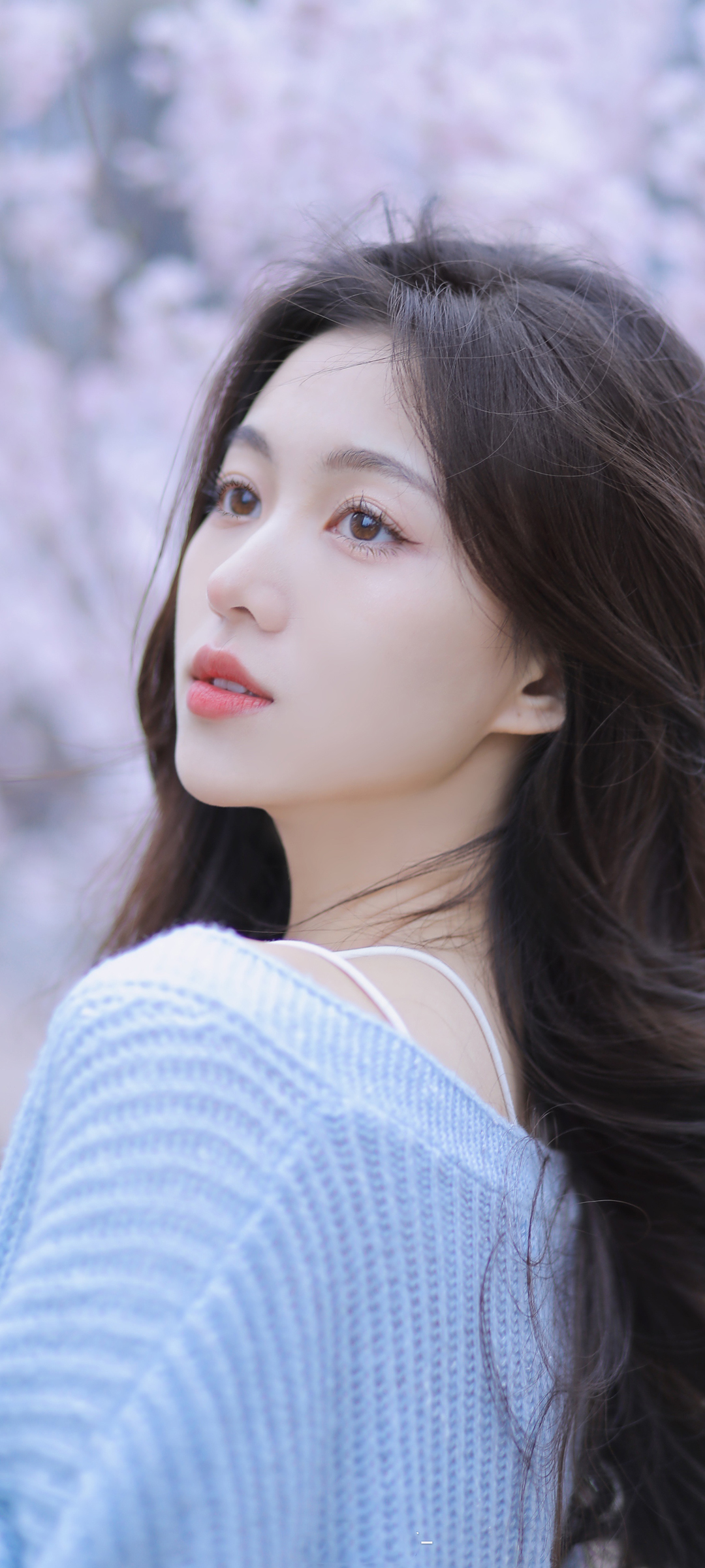蓝色毛衣美女 侧面 长发清纯美女高清手机壁纸
