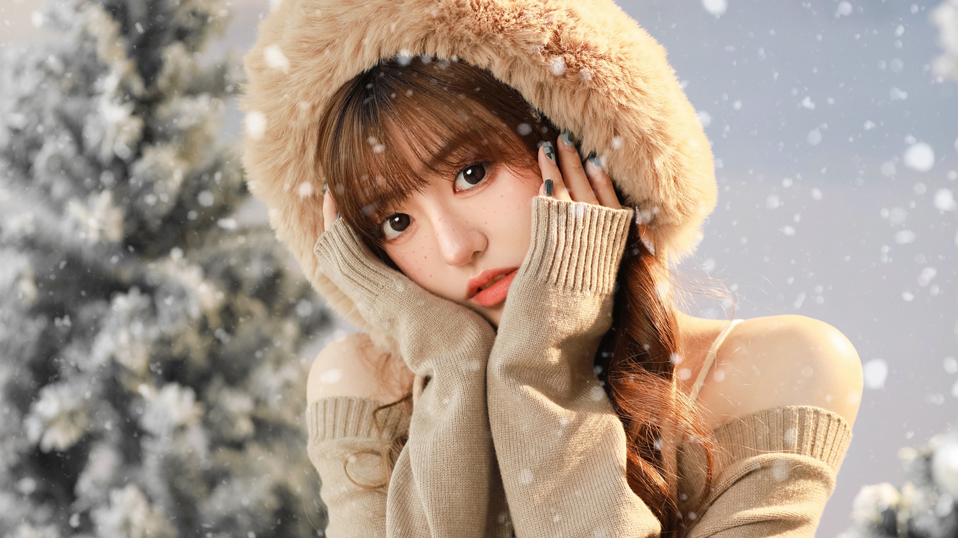 可爱圣诞美女 帽子 毛衣 雪花 精选 电脑高清壁纸