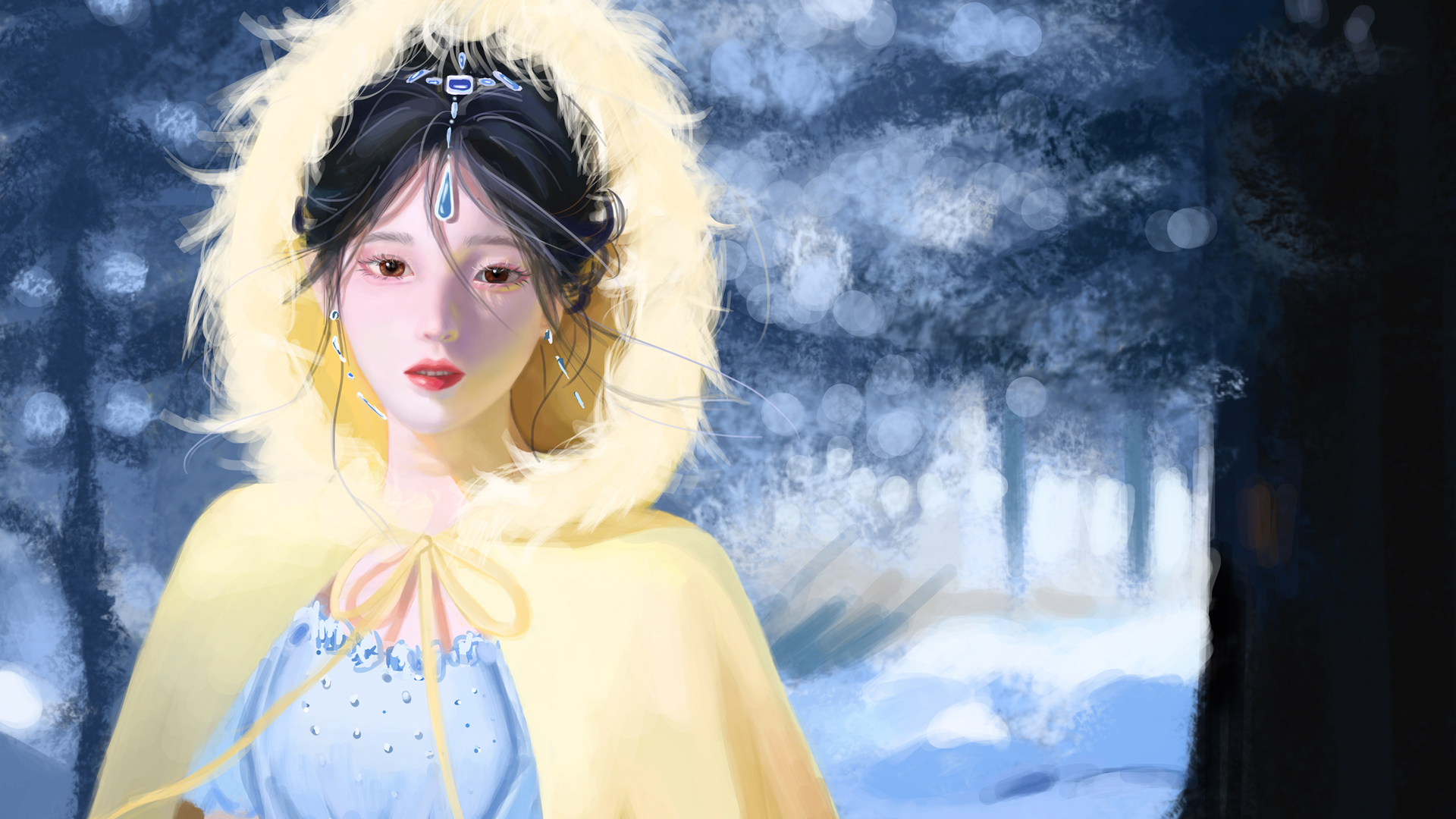 巴图BaTu原创 雪地 披风 公主 蓝裙 厚涂画风动漫高清壁纸