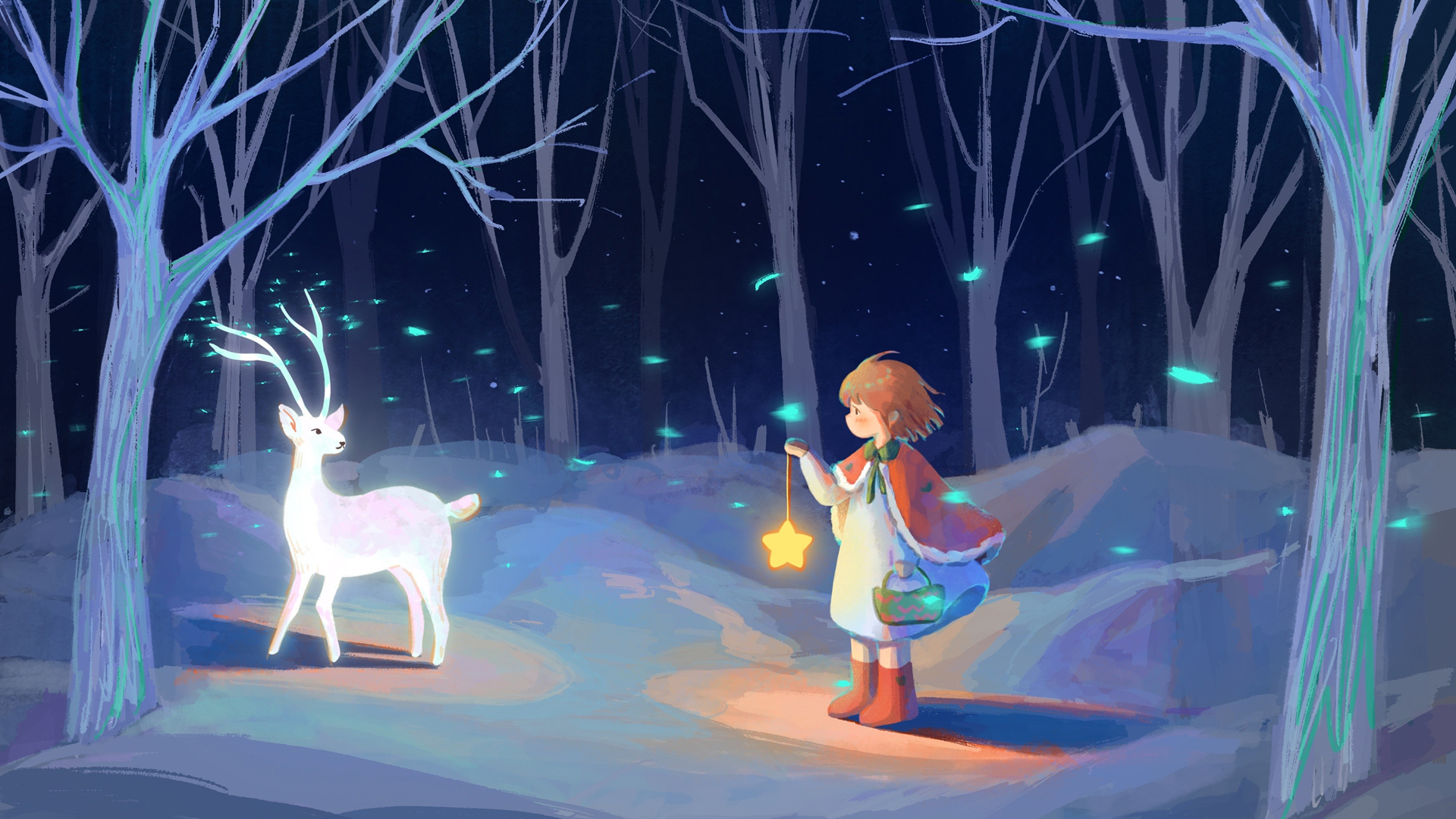 夜晚 森林 小鹿 小女孩 唯美 高清壁纸