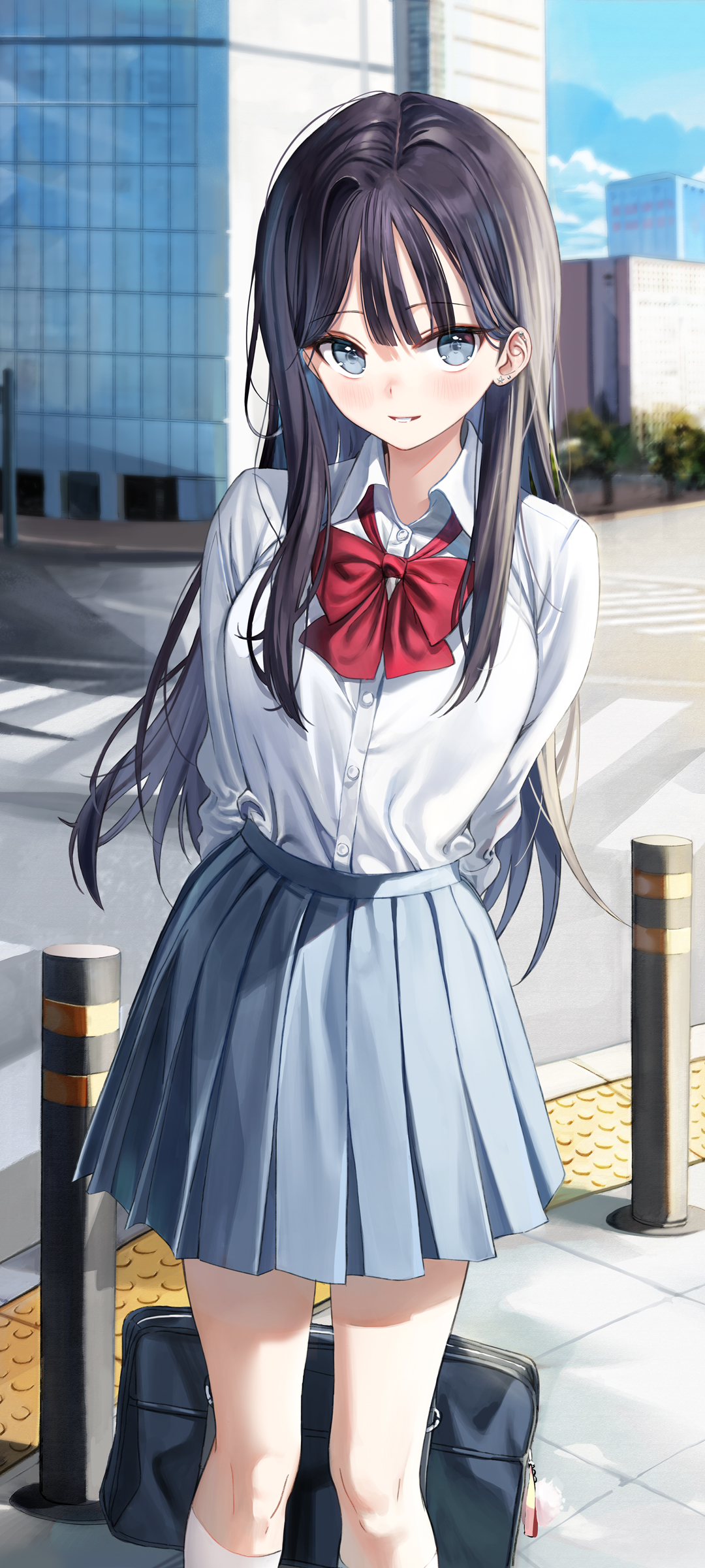 红色蝴蝶结 白色衬衫 百褶裙动漫女生高清手机壁纸