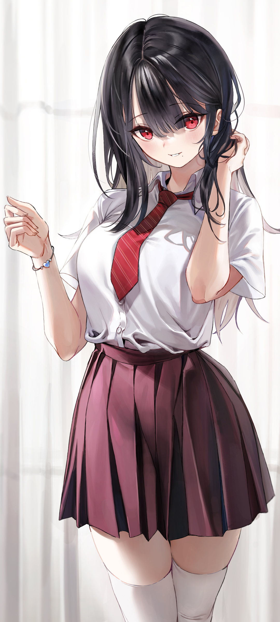 白衬衫 领带 红色百褶裙动漫女生高清手机壁纸