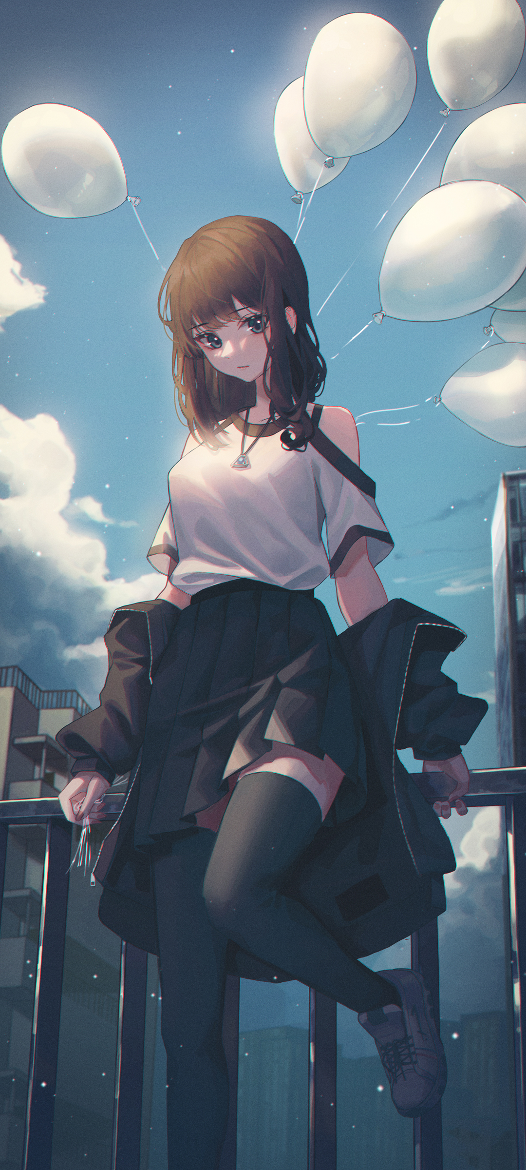 百褶裙美女 栏杆 天空 气球 动漫高清手机壁纸