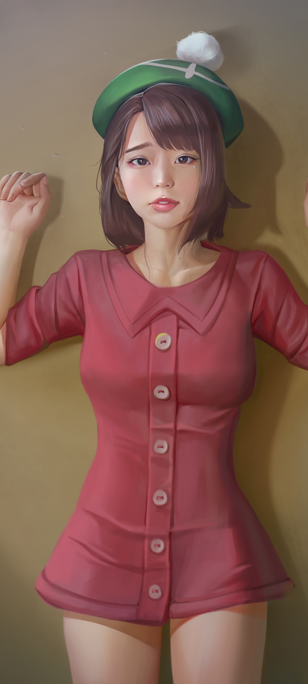 3d美女 绿色帽子 红色衣服 全屏高清手机壁纸
