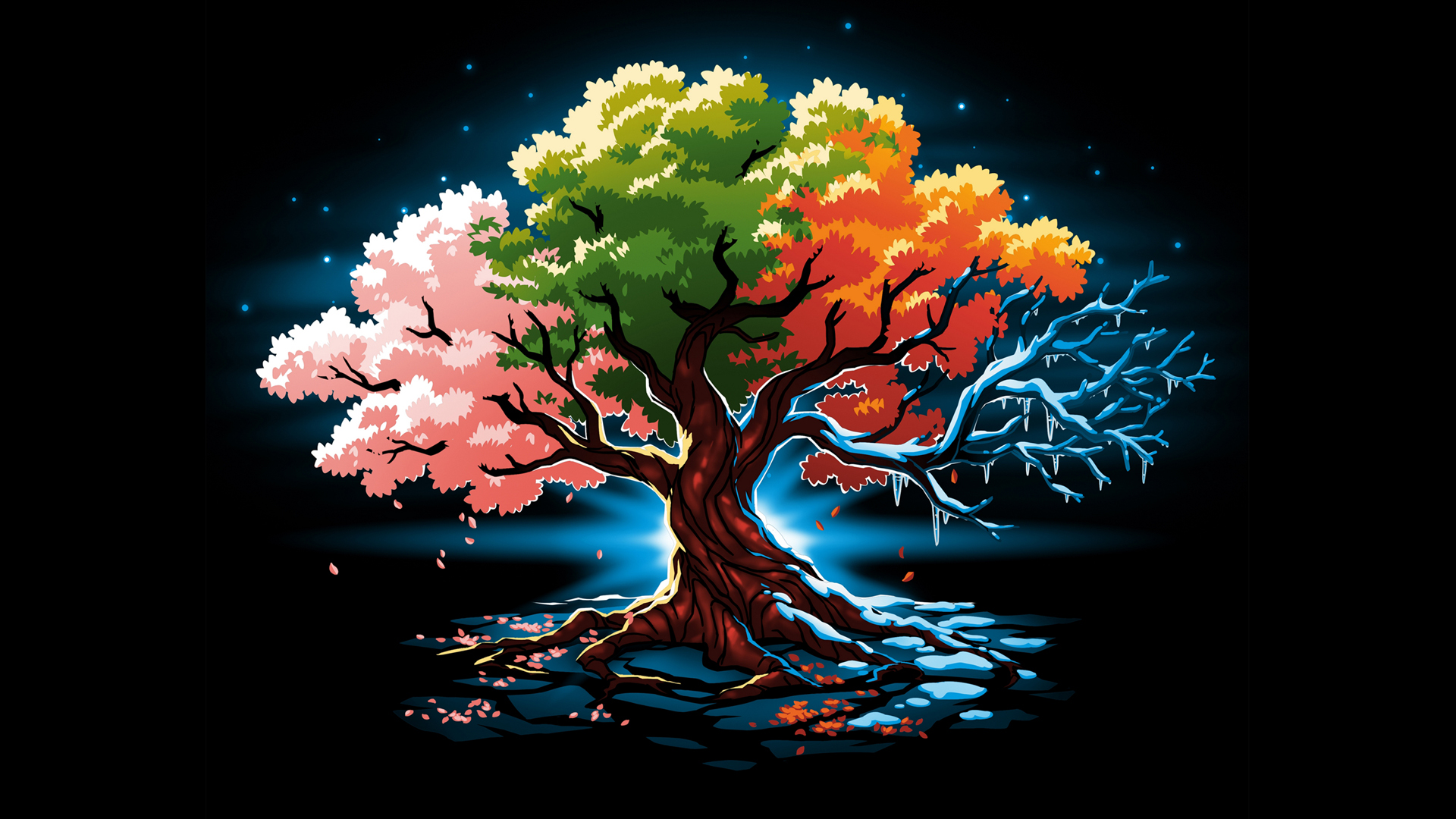 极简主义 树木 四季 彩色树叶 简约 艺术 风景高清壁纸