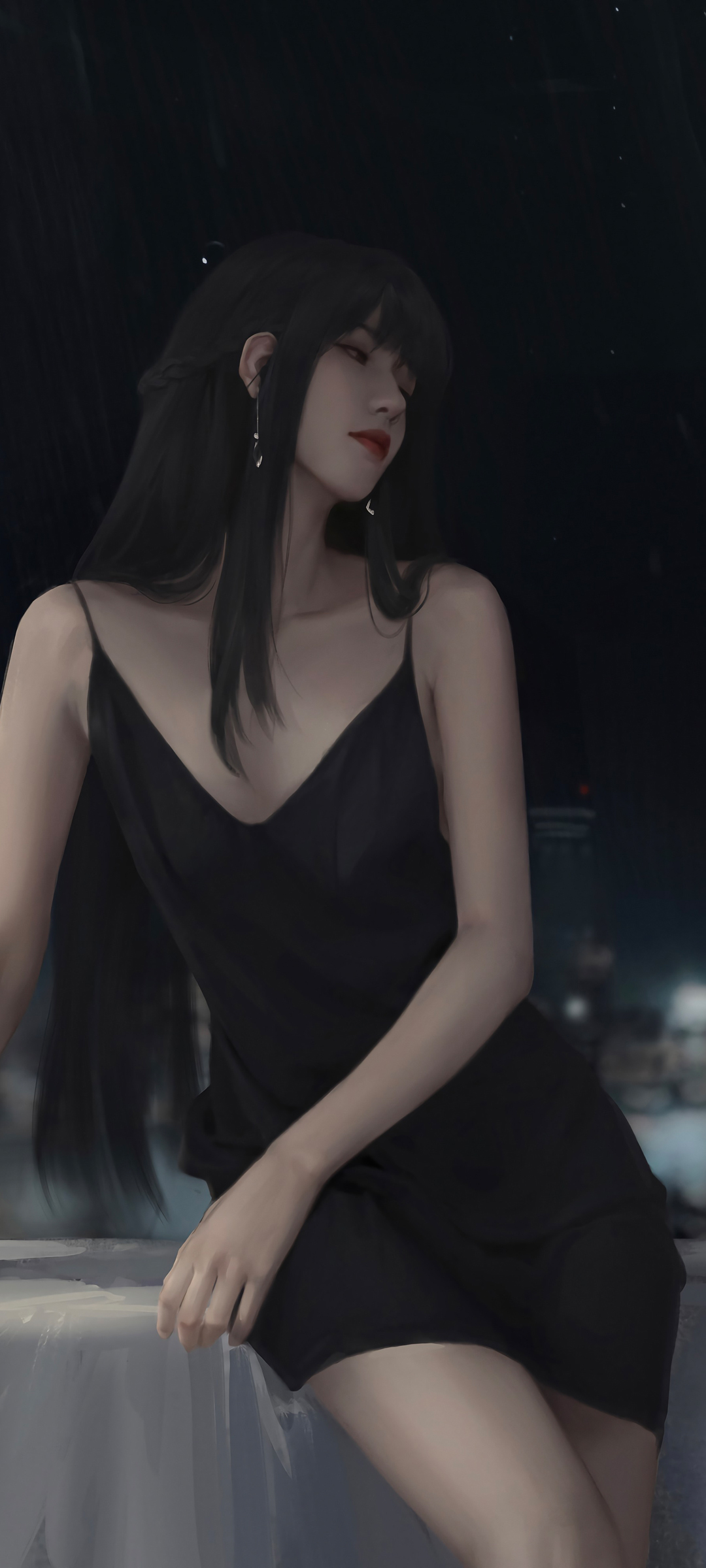 黑色吊带裙 好看身材长头发美女高清手机壁纸