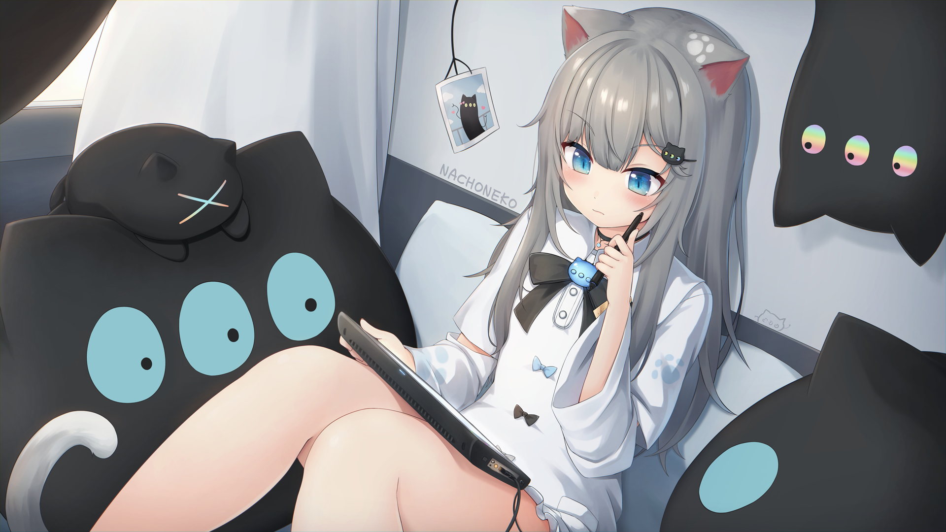 可爱猫耳女孩子 蓝色眼睛 尾巴 二次元动漫高清壁纸