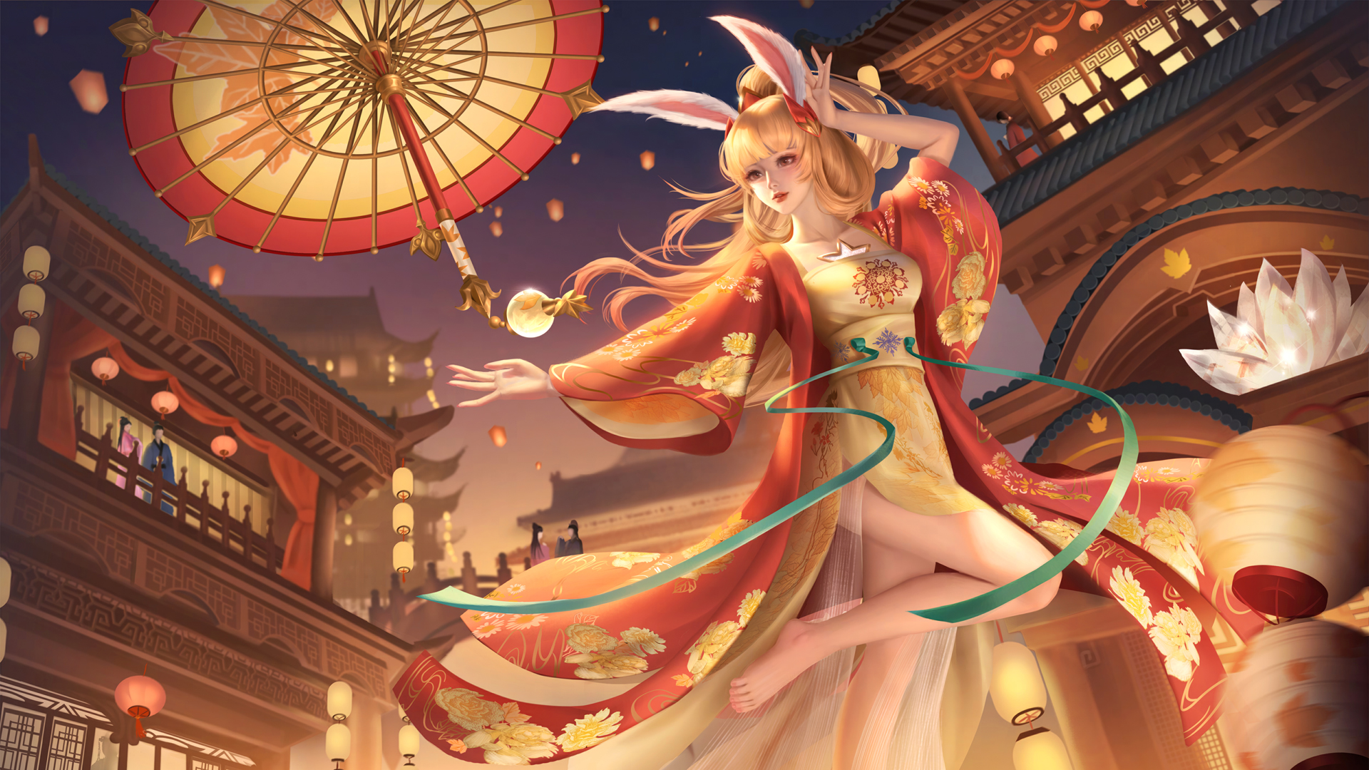 兔耳朵女孩 红衣服 伞 孔明灯 灯笼 春节 古风建筑 动漫 高清壁纸