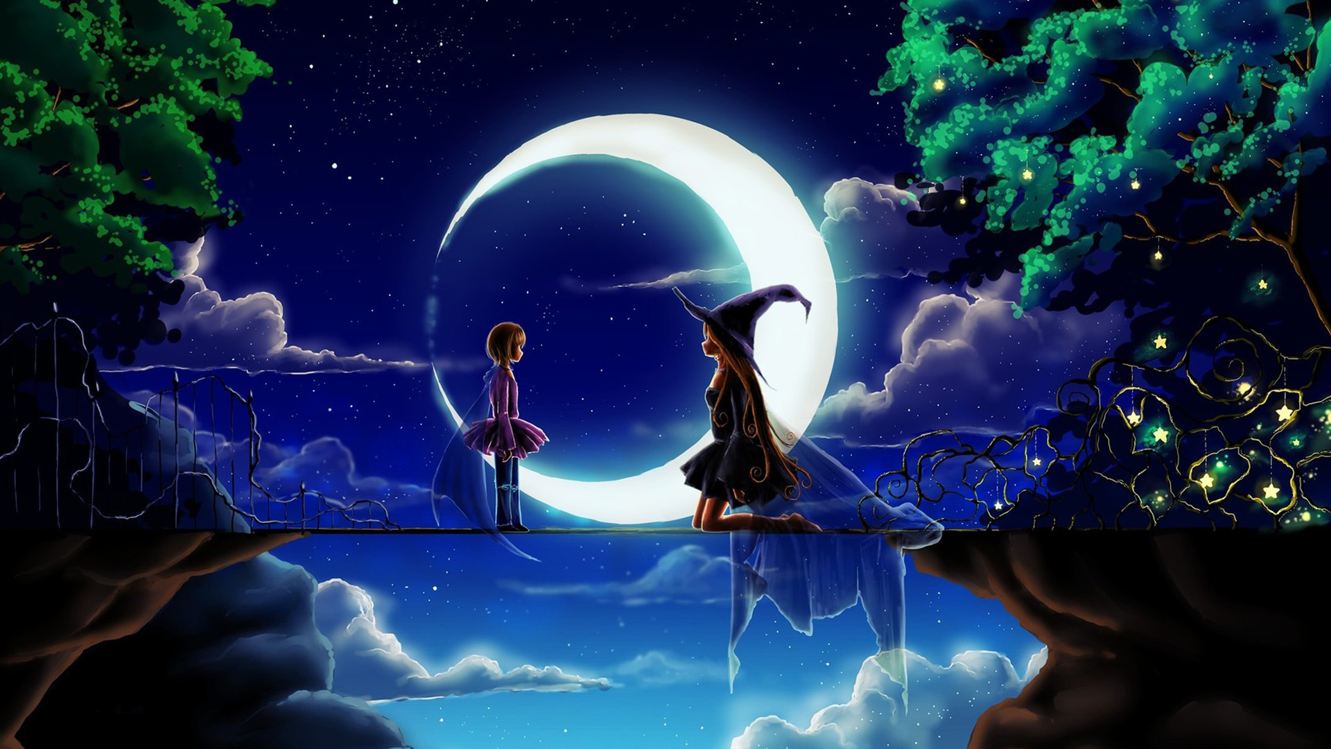 一座桥梁一个女孩与魔法师童话夜晚桌面高清壁纸