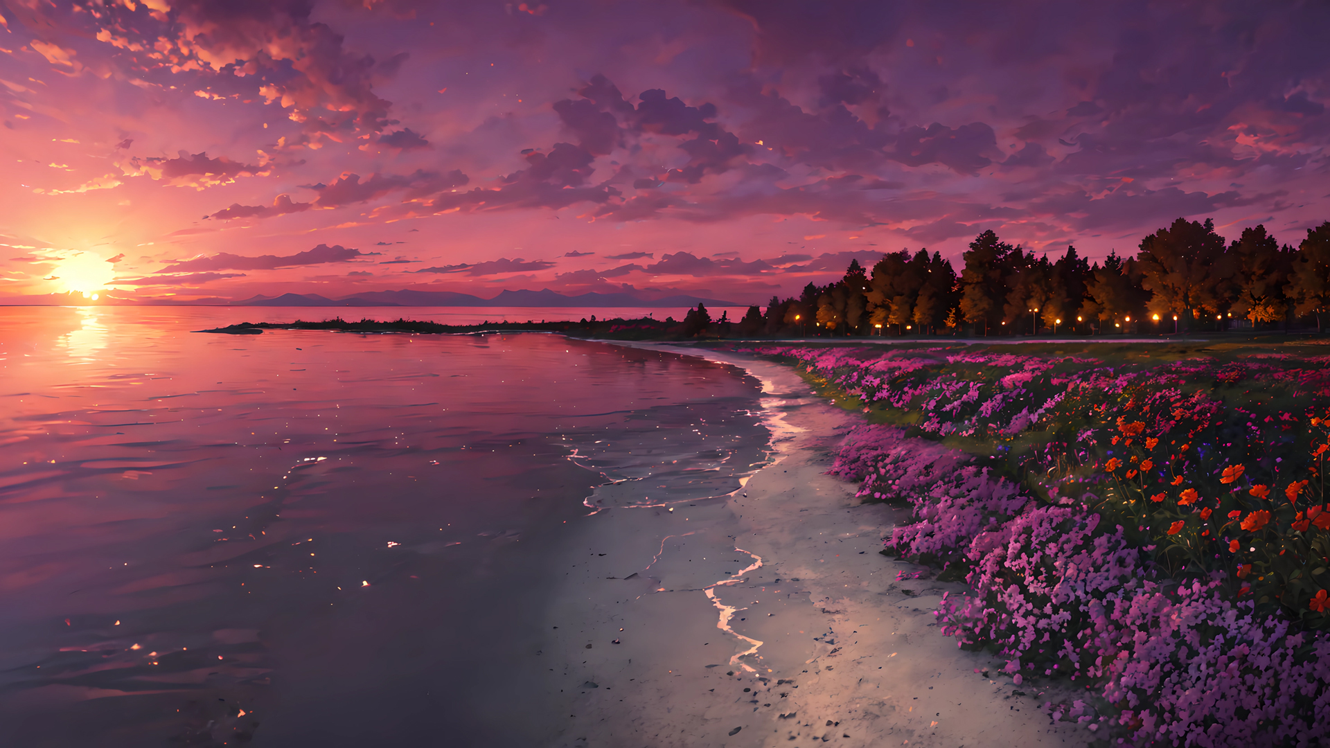 夕阳 沙滩 花田 海边风景高清壁纸