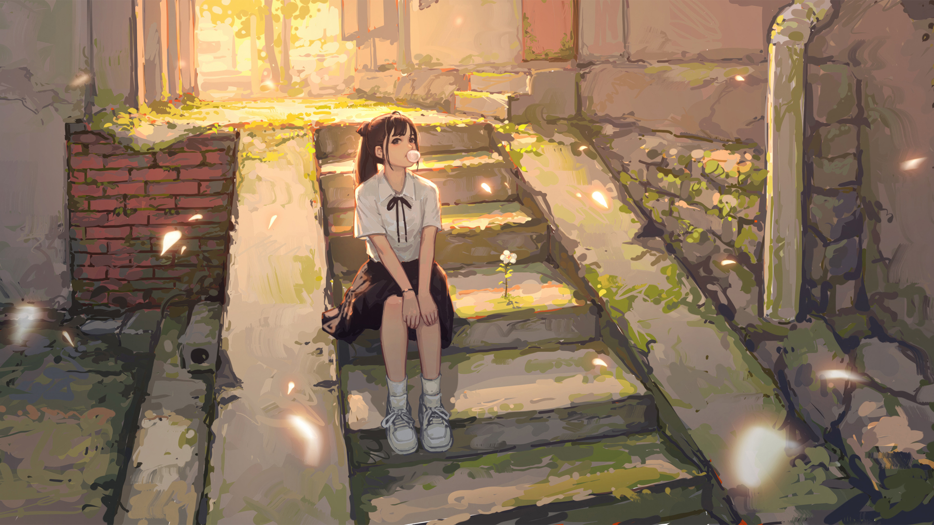 女孩坐在小巷台阶上 苔藓 小花 动漫高清壁纸