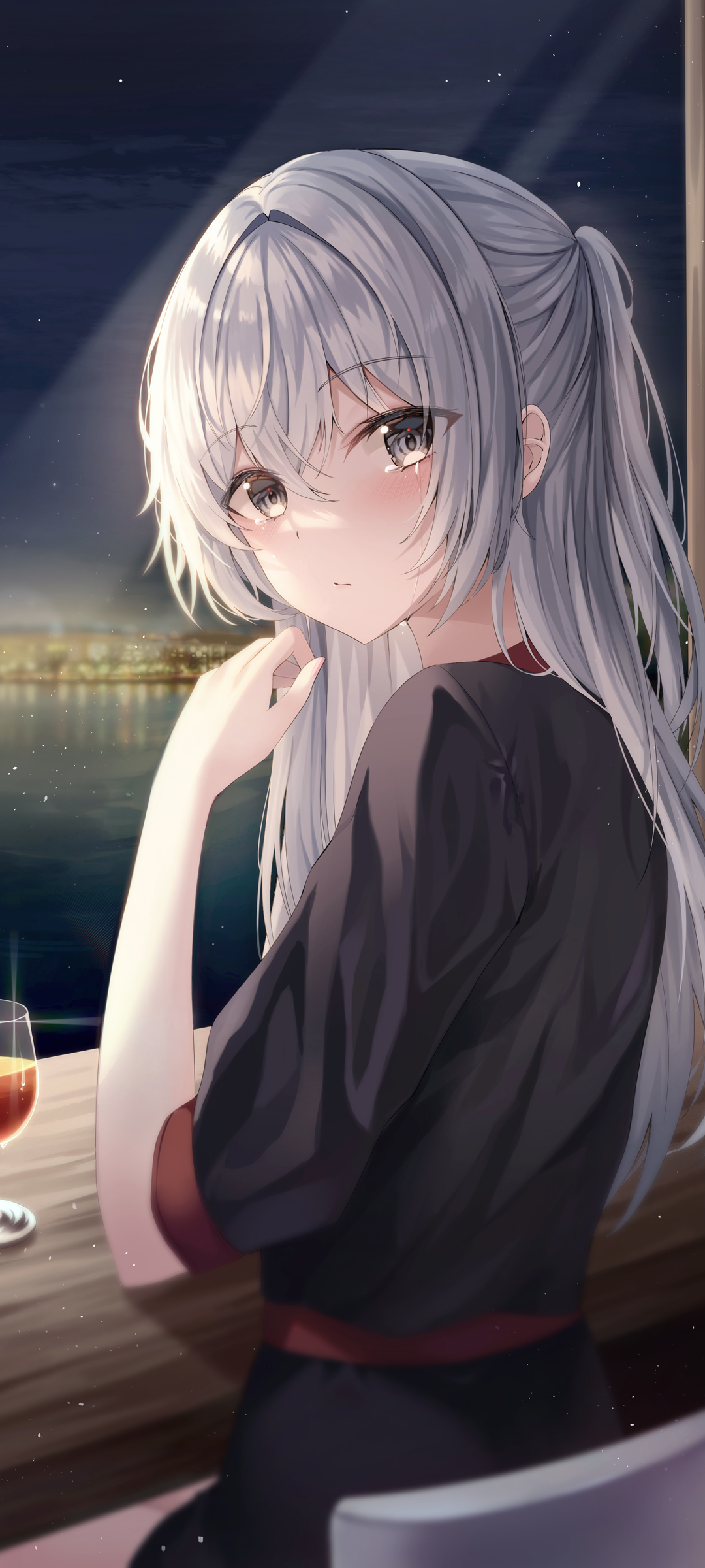 晚上 动漫美女 黑色裙子 回头 动漫高清手机壁纸