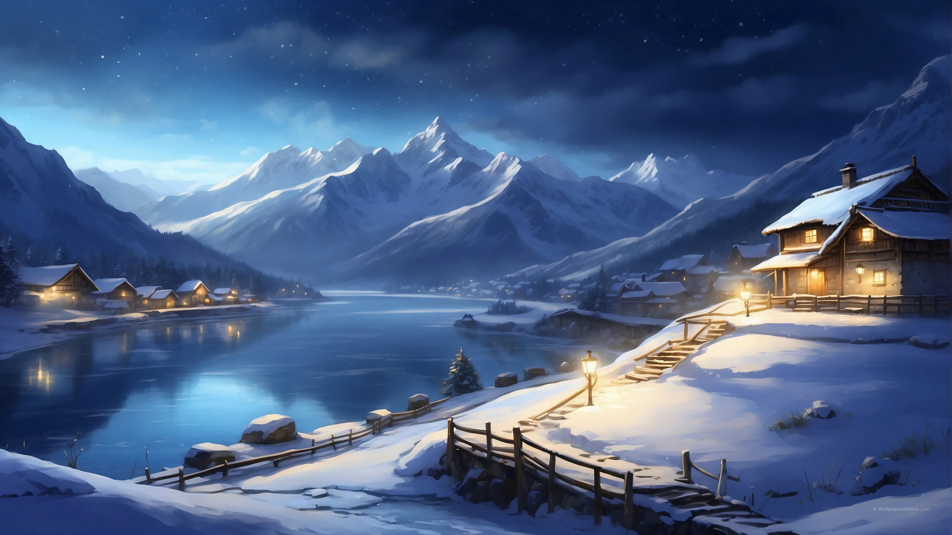 美丽的冬季风景 夜晚 雪景 雪山 湖水 房子 灯光 桌面高清壁纸