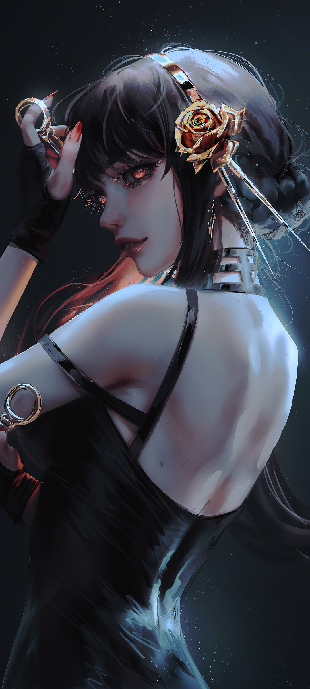 绿色眼睛美女 背部 黑色裙子 厚涂画 动漫全屏高清手机壁纸