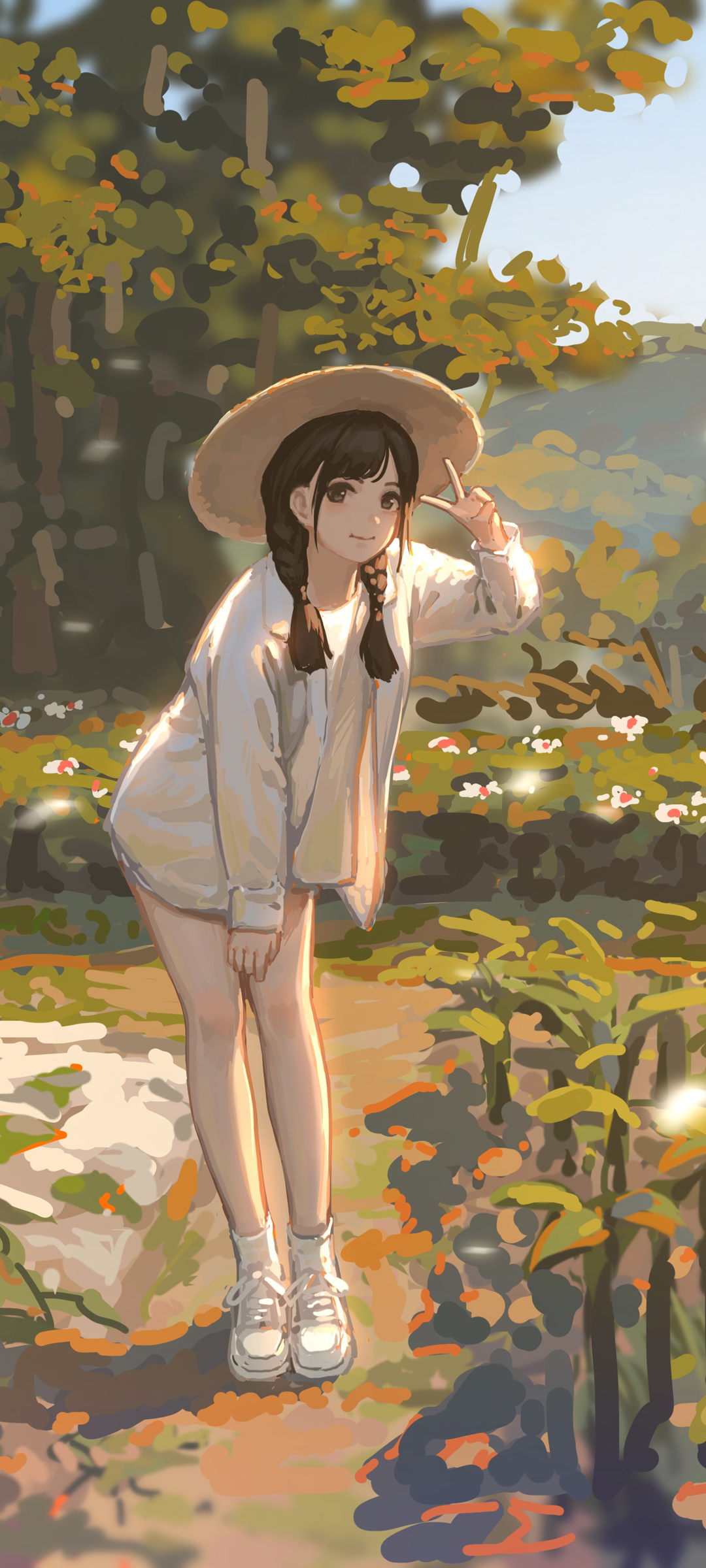 田埂里的女孩 帽子 可爱动漫女孩高清手机壁纸