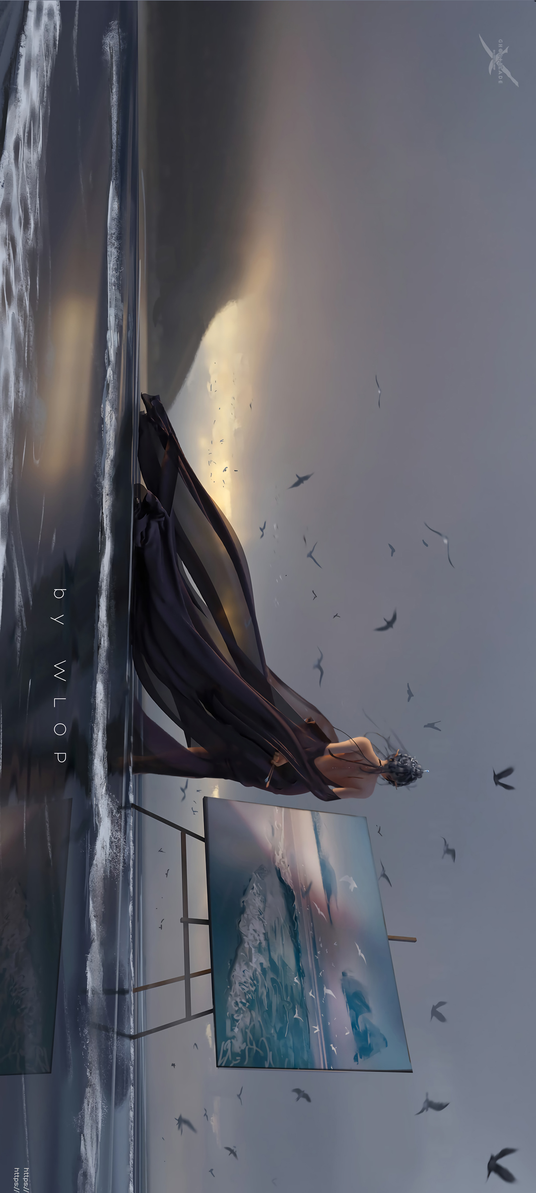 海边 画画 美女 背影 黑色长裙子 鬼刀高清手机壁纸
