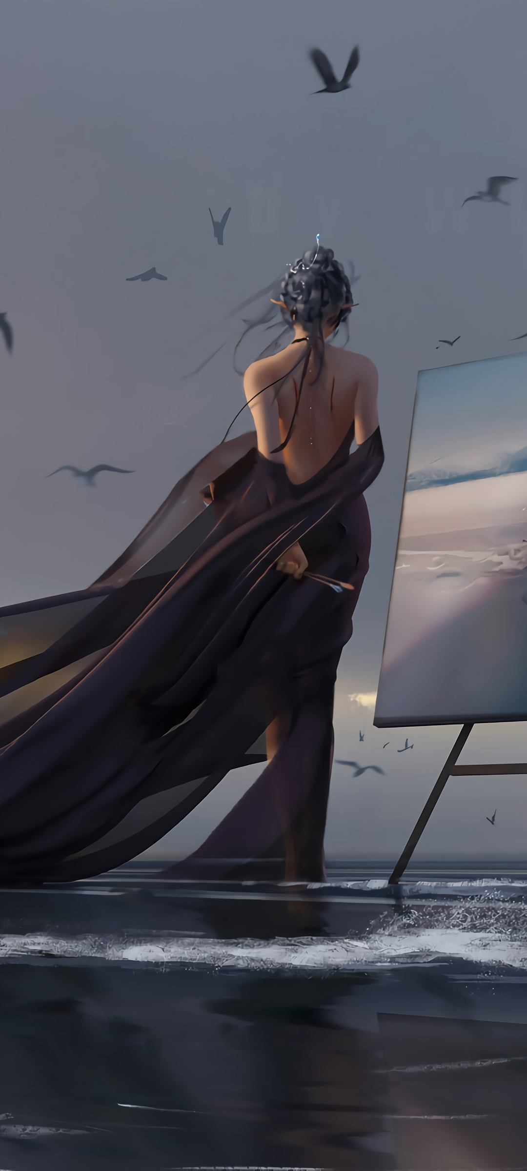 海边 美女 黑色长裙子 背影 画画 唯美意境 鬼刀高清手机壁纸