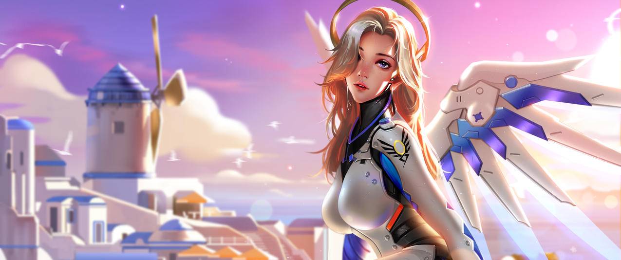 守望先锋mercy美女英雄天使带鱼屏高清壁纸