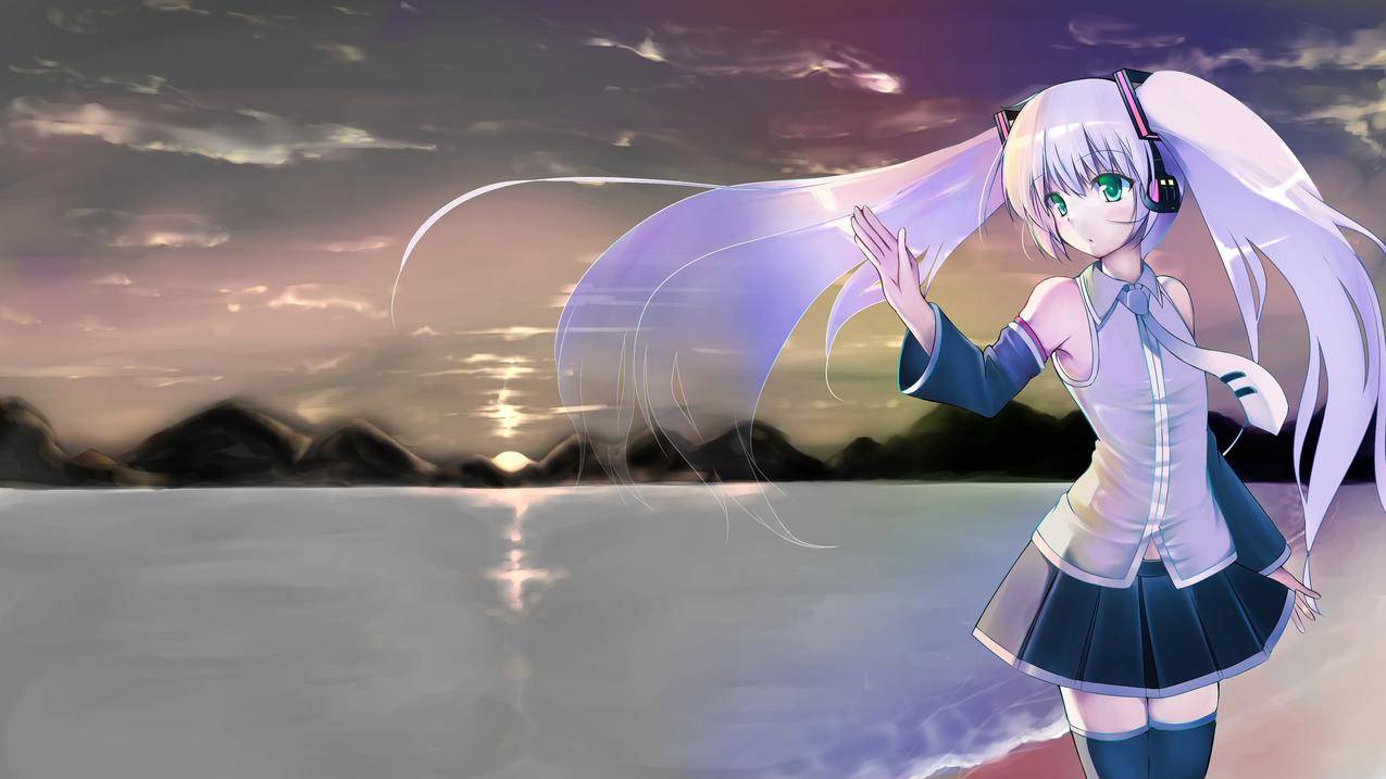 海边日落VOCALOID女孩初音未来4k高清壁纸