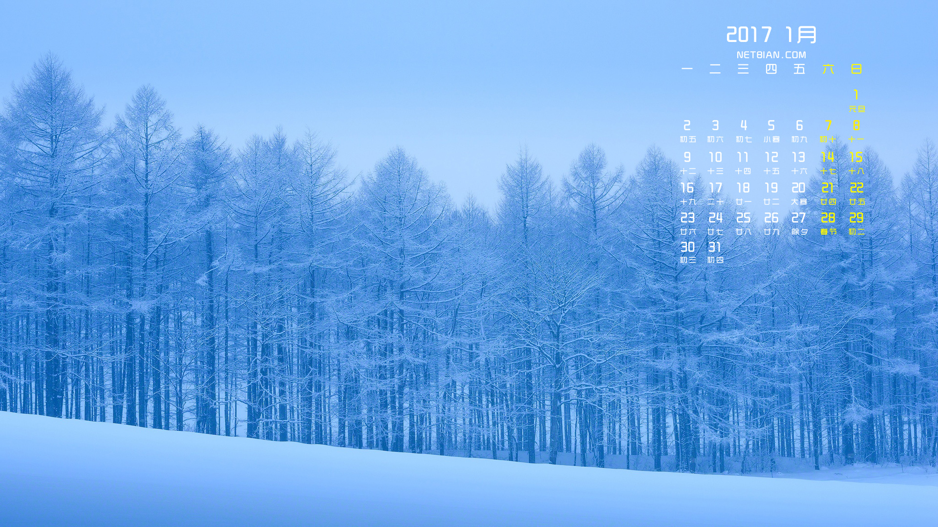 冬天树林雪景2017年1月风景日历桌面高清壁纸