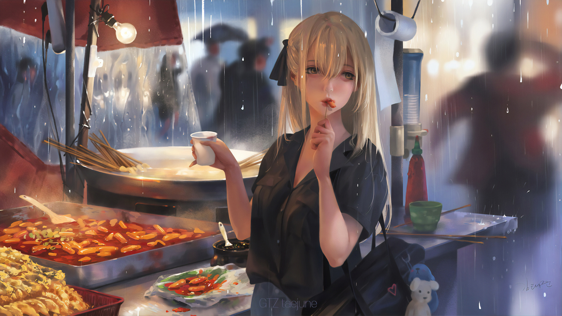 女孩街头吃美食动漫高清壁纸