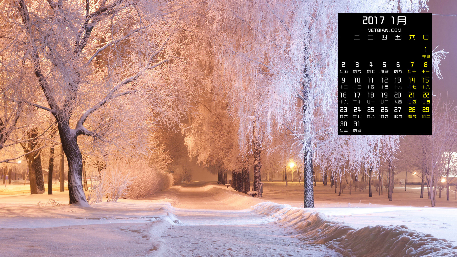 晚上冬天雪景2017年1月日历风景桌面高清壁纸