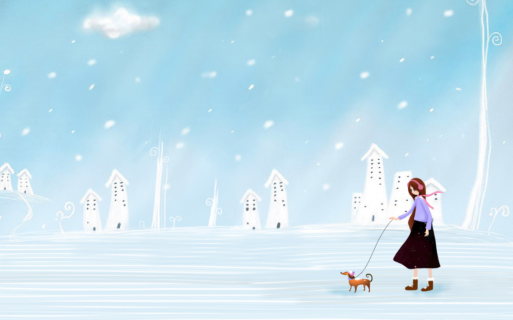 女孩牵着小狗在雪地里散步高清壁纸