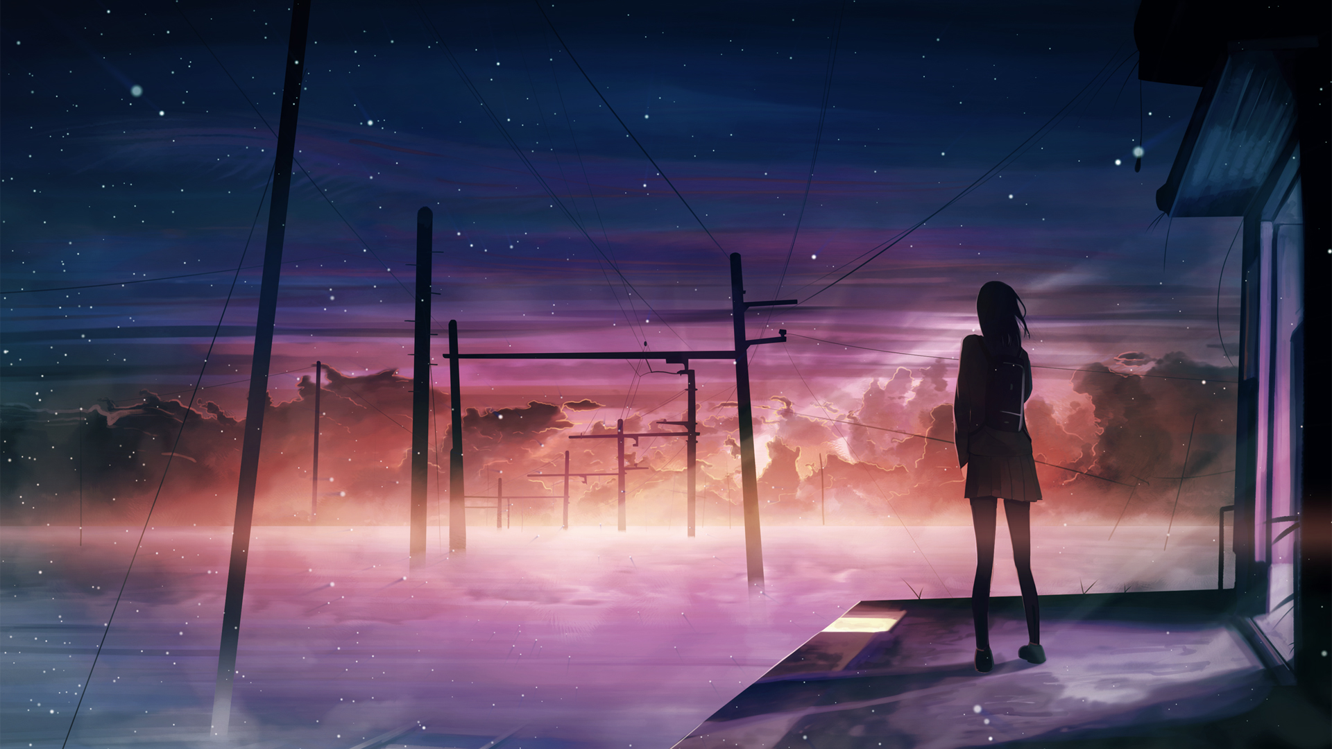 晚上 星空 女子 夕阳 异世界 唯美动漫高清壁纸