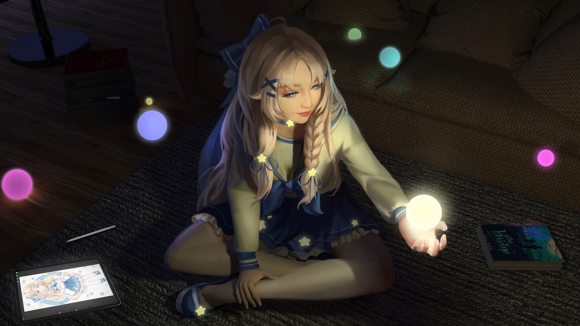 晚上 女孩房间 美少女盘腿坐姿 发光的球体 魔法 书 动漫高清壁纸