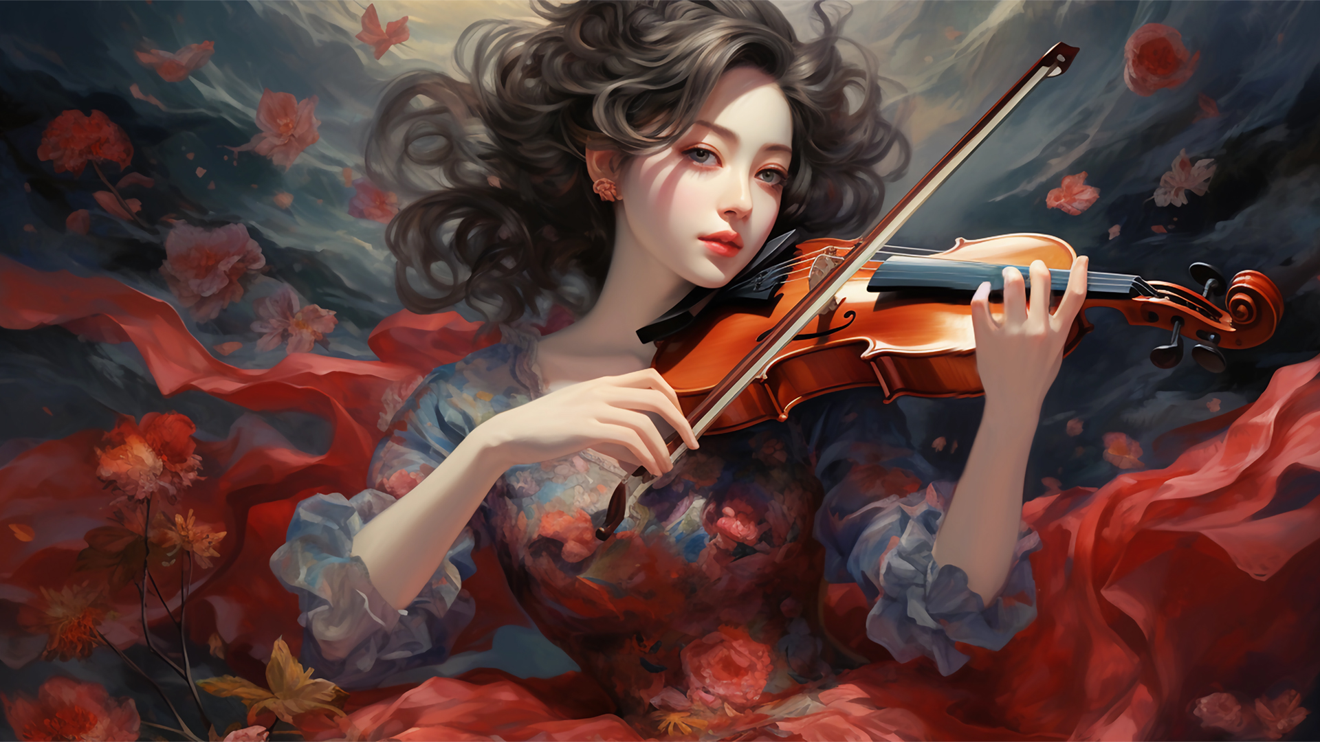 美女 小提琴 花瓣 唯美精选动漫美女高清壁纸