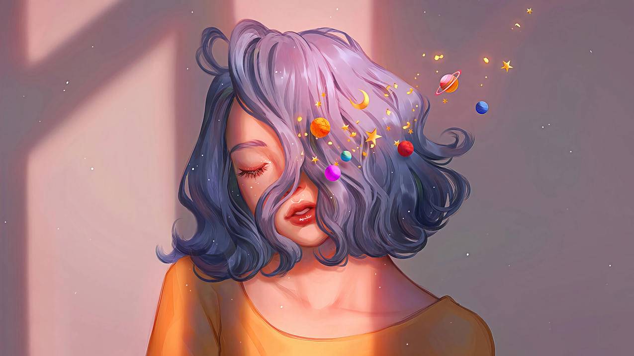 动漫 女人 短发 闭着眼睛 艺术作品 星球 星星 4k高清壁纸