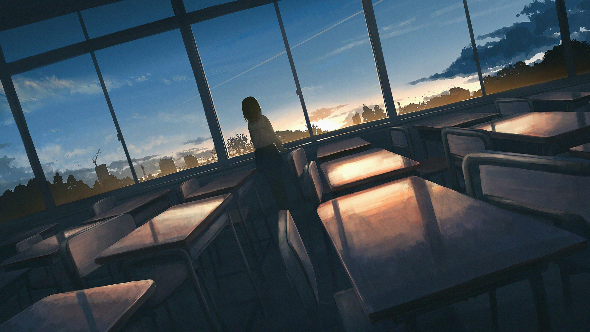 女学生 背影 教室 夕阳 精选好看二次元动漫高清壁纸