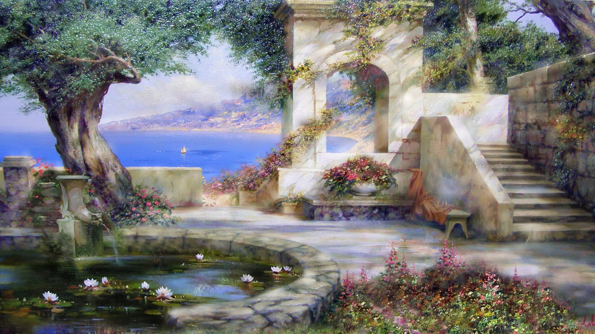 亚历山大·米留可夫作品，太阳，树荫下，海边风景，桌面高清壁纸