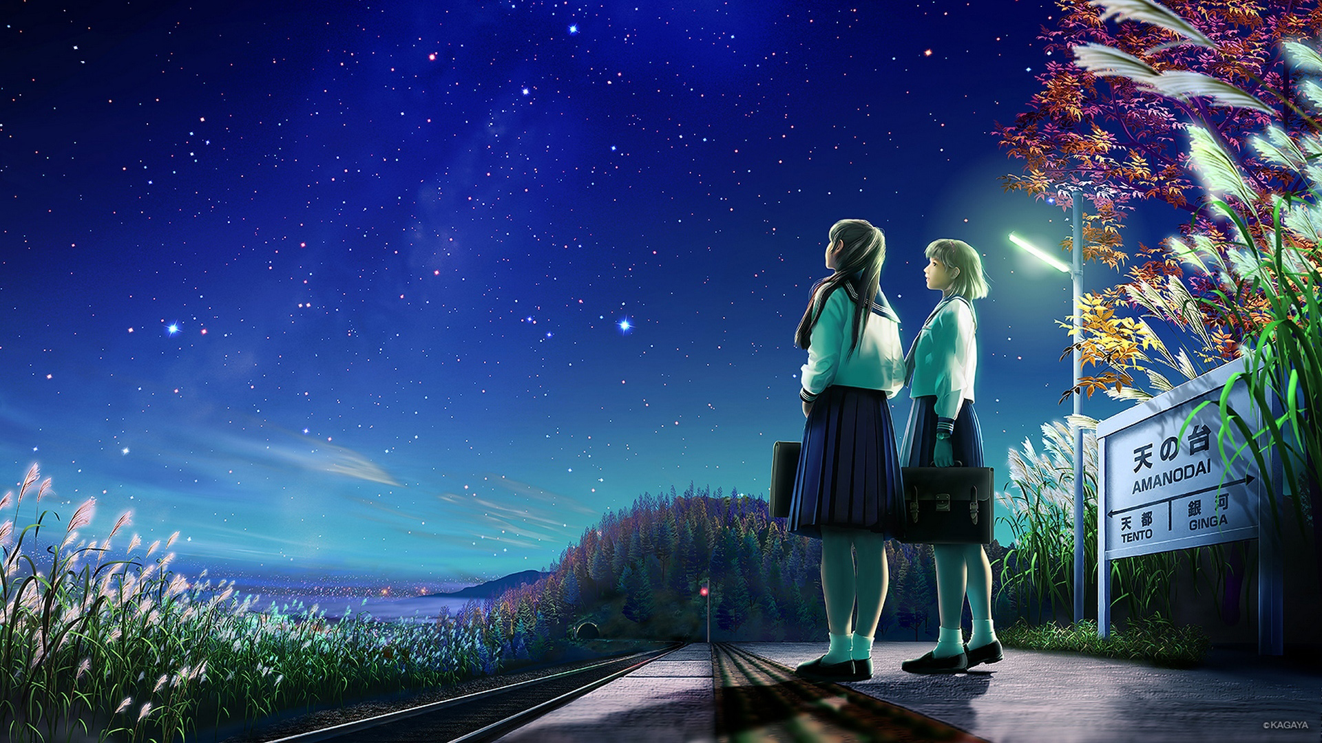 加贺屋，两个女孩，夜晚，星星，车站风景，动漫女生桌面高清壁纸