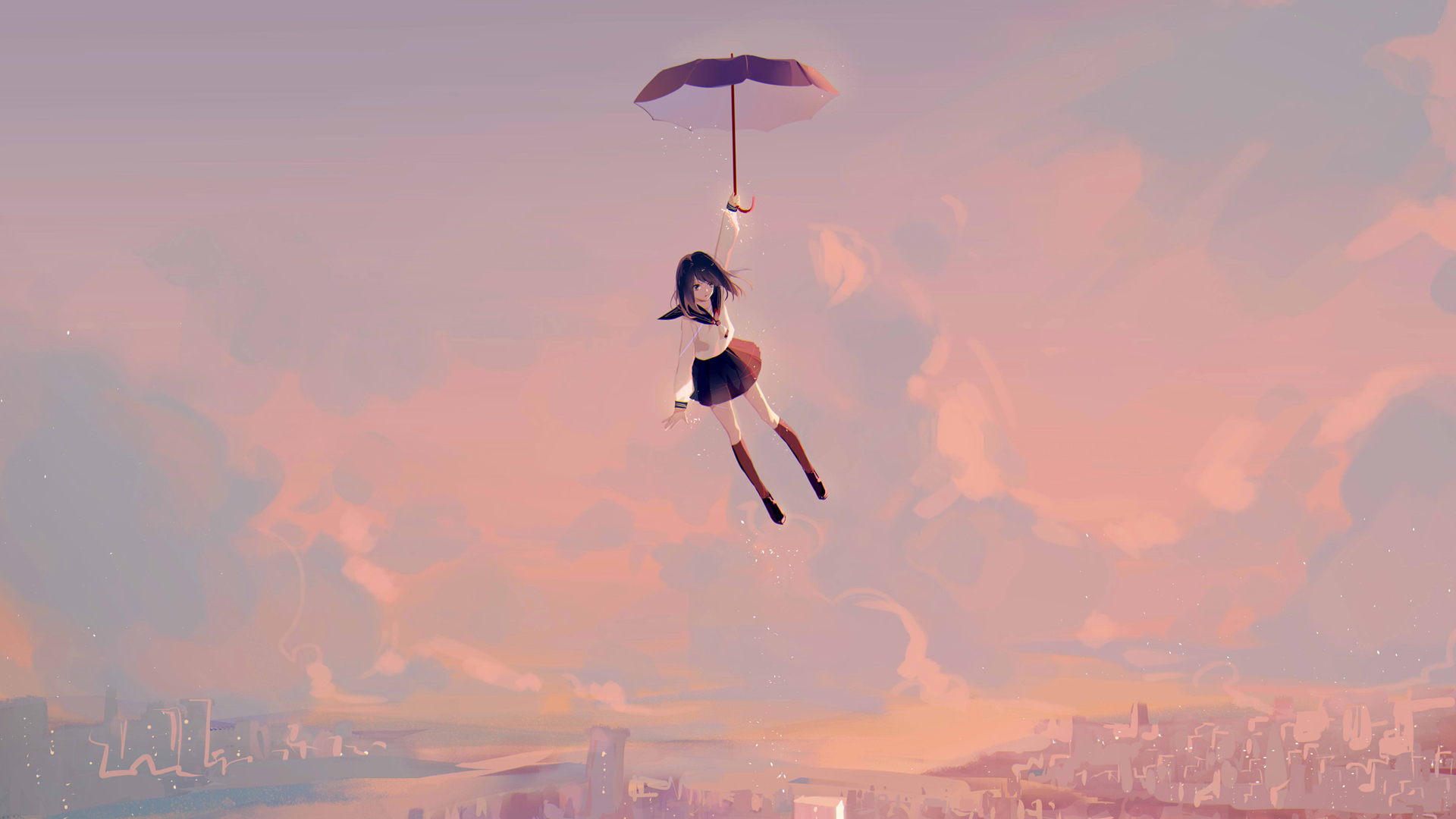 天空 女孩 伞 降落 动漫高清壁纸